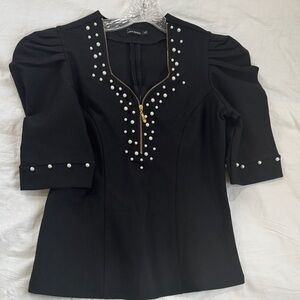 Zara Elegant Black Blouse with Pearl Accents